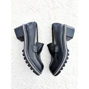 Bernardo Selma Black Leather Lug Sole Penny Loafers Chunky Stacked Heel Academia thumbnail 2