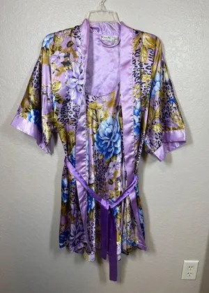 Vintage Set Sante Classics Floral Leopard Print Purple Robe & Slip Set - Size M thumbnail 1