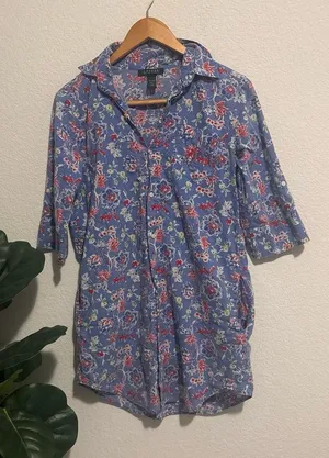 Ralph Lauren Blue Floral Short-Sleeve Button Front pajama night shirt dress XS thumbnail 1