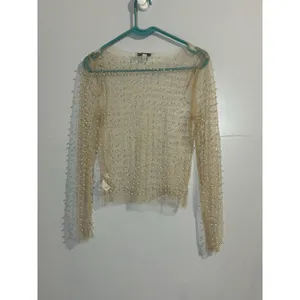 New‎ Haute Monde Transparent Beige Mesh Top with Faux Pearl Size S Festival thumbnail 7