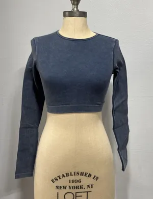 Zara Crop Top Crew Neck Pullover Stretch Long Sleeve Faded Blue Size XS Stylish thumbnail 1