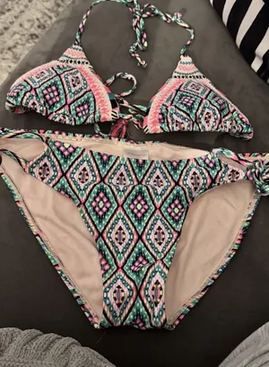 Xhilaration Neon Pink, Teal & Black Aztec Print Bikini Set thumbnail 1