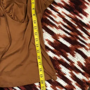 2000s Brown Whimsygoth Coquette Sweetheart Ruched bust Babydoll Bow Tie Front Top Shirt Blouse Short Sleeve Ruffle #Y2K #Whimsigoth #fairy Measurement in pics (has stretch) thumbnail 5
