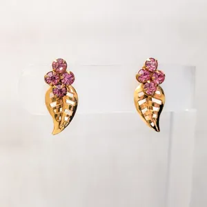 Vintage Screw On Earrings Gold Tone Leaf with Pink Gems Fall Autumn Whimsical thumbnail 2