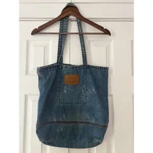 American Eagle‎ Outfitters Blue Denim Tote Bag Stenciled Logo Distressed Cotton thumbnail 4