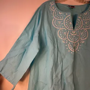 JM Collection Blue 100% Linen Beaded Embroidery Tunic Top XL 3/4 Sleeve Boho thumbnail 8