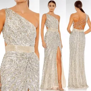 Mac Duggal 5687 SEQUINED ONE SHOULDER DRAPED LACE UP GOWN dress Silver 8 thumbnail 2