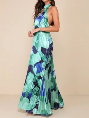 Lulus Prime Poise Green And Blue Abstract Satin Halter Maxi Dress NWT Small thumbnail 8