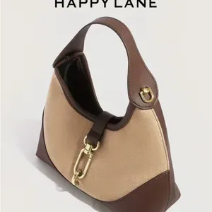Happy Lane Two-Tone Hobo Shoulder Bag Suede Brown Beige Gold Hardware NIP thumbnail 8
