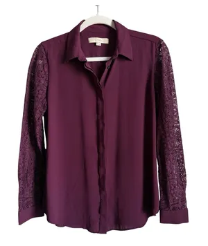 Ann Taylor LOFT Plum Burgundy Lace Sleeve Button Down Blouse Shirt Romantic Goth Witchy S thumbnail 1