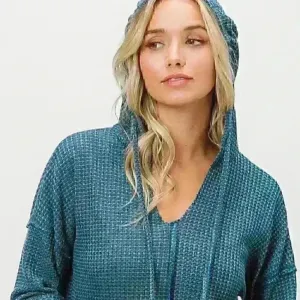 Dark‎ Teal V-Neck Waffle Knit Hoodie Top size S thumbnail 1