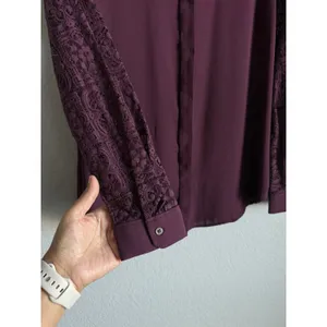Ann Taylor LOFT Plum Burgundy Lace Sleeve Button Down Blouse Shirt Romantic Goth Witchy S thumbnail 8