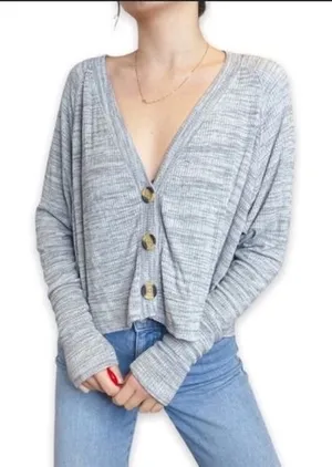 Free‎ People We The Free Ribbed Knit Cropped Button Front Cardigan Gray Small thumbnail 1