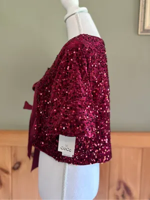 CeCe Cropped Velvet Sequin Short Sleeve Bow Front Top size Medium NWT thumbnail 3