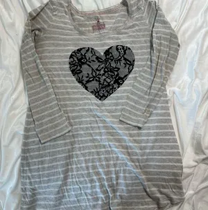 Victoria's Secret Gray Striped Long Sleeve pajama dress with Lace Heart thumbnail 1