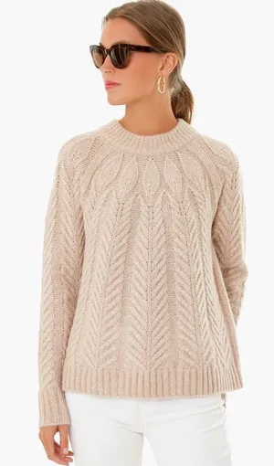 Tuckernuck Peacock Beige Cable Knit Crewneck Sweater | L thumbnail 1