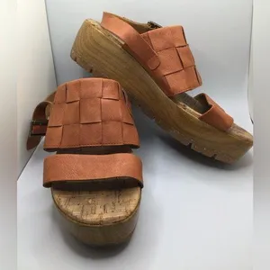Rare Cute Korks by Kork Ease Tan Leather Wedge Sandals Women's Size US8 thumbnail 1