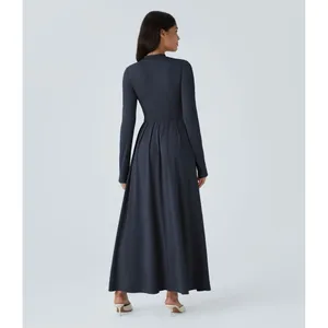 HALARA Navy Blue Mock Neck Long Sleeve Pocket Flare Maxi Casual Dress Knit XS thumbnail 8