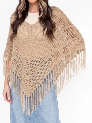 Vintage The Original Arizona Jean Co. Boho Crochet Knit Fringe Poncho Tan Fall thumbnail 1