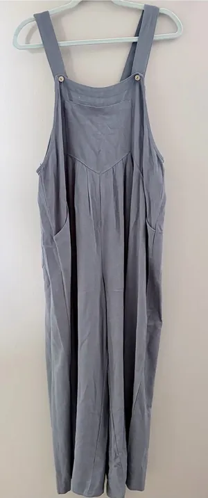ANRABESS Medium Slate Blue Linen Blend Sleeveless Wide Leg Overalls Jumpsuit thumbnail 1