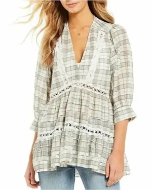 Free People White Grey‎ Plaid Time Out Eyelet Tiered Tunic Top thumbnail 1