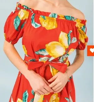 Flying Tomato Red Lemon Print Off Shoulder‎ Cotton Midi Dress thumbnail 1