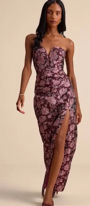 Lulu's Plum Strapless Floral Jacquard Gown with Side Slit thumbnail 1