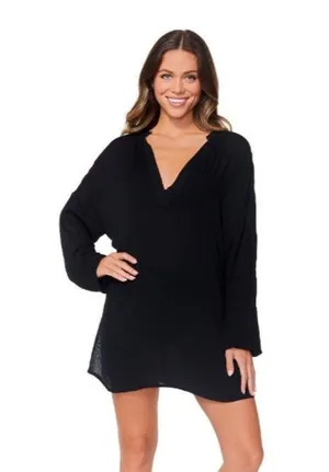 Raisins San Pedro Beach Swim Cover Up Long Sleeve V Neck Black S thumbnail 1