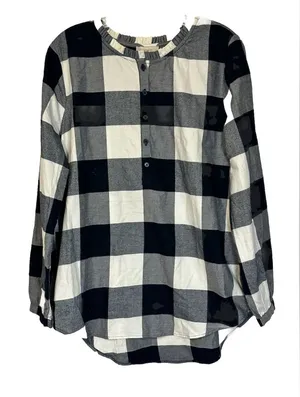 LOFT‎ Buffalo Check Plaid Pullover Shirt Blue White Flannel 1/4 Button Up New M thumbnail 1