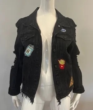 Cello Patch & Frayed Black Denim Jacket thumbnail 1