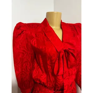 Argenti Vintage Red 100% Silk Jacquard Bow Belted Midi Dress Womens 6 thumbnail 4