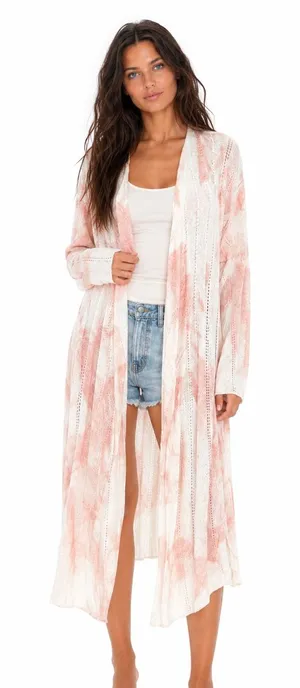 POL Long Open Front Duster Cardigan Large Pink Ivory Tie Dye Pointelle Knit Boho thumbnail 1