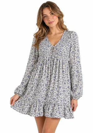 &merci Smocked Floral Mini Dress Blue Cream Boho Ruffle Long Sleeve Size S thumbnail 1