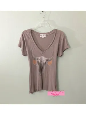 Wildfox Hippie V-Neck Skull Feathers Skeleton Short Sleeve A-Line Edgy T-Shirt S thumbnail 2