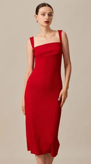 RIHOAS The Red Square Neck Ribbed Midi Dress S thumbnail 1