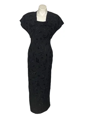 CARMEN MARC VALVO Black Beaded Evening Gown & Bolero Jacket Size 6 thumbnail 2