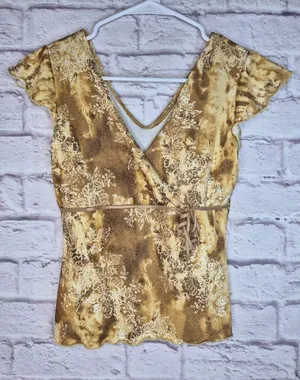 Vtg Y2K Rave Faux Wrap Top Brown Floral Lettuce Hem Whimsigoth Cap Sleeve M Knit thumbnail 1