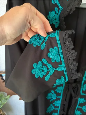 Soft Surroundings Padma Black Kimono XS Teal Embroidered Lace Trim thumbnail 4