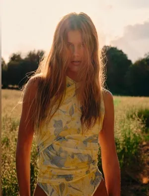 Draped Asymmetrical Yellow Floral Tulle bodysuit thumbnail 3