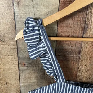 Old Navy Blue White Striped Ruffle Strap Linen Cotton Top Large Coastal Nautical thumbnail 2