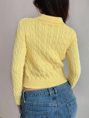 Lemon yellow chunky knit polo shirt, short-sleeved retro collared top, relaxed and loose-fitting sweater for summer and autumn. thumbnail 2