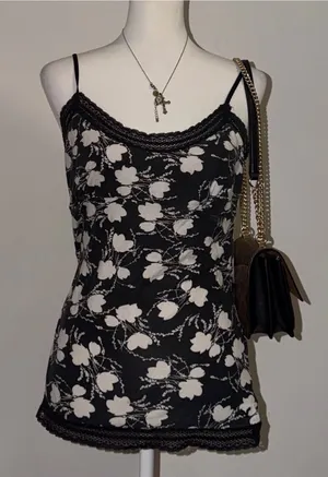 2000s vintage style whimsical american eagle black and white floral lace cami thumbnail 1