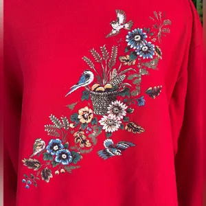 Vintage Red Floral Bird‎ Sweatshirt Cozy Fall Grandma Core Pullover XL thumbnail 3