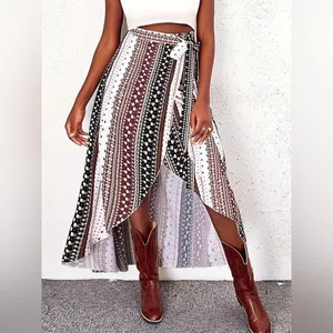 Women's True Wrap Maxi Skirt White Black Brown Pink Floral Geometric Boho Gypsy thumbnail 2