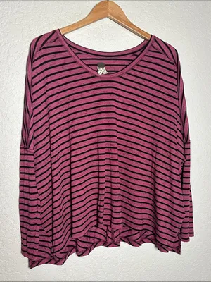 NEW We the Free People Stripe Tee Maroon Black Casual Slouchy Medium Top thumbnail 1