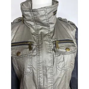 Michael Kors Women Olive Green Black Mixed Media Utility Jacket Small Brass Zip thumbnail 6