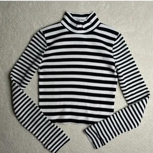 Aerie: Black and White Striped Waffle Mockneck Long Sleeve thumbnail 1