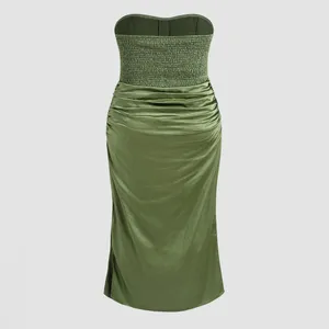 Olive Green Strapless Ruched Smocked Back Maxi Dress: Size 24 thumbnail 2