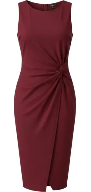 GUESS Sheath Dress Sz L Burgundy Sleeveless Side Knot Draped Professional Office thumbnail 1