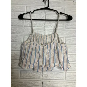 American Eagle Cami Crop Top Womens S Blue Tan‎ Excellent Striped Smocked Back thumbnail 4